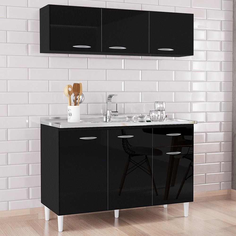 Armário Aéreo e Balcão de Cozinha com Pia Inox 120cm Classic P11 Preto - Mpozenato - Home & Living
