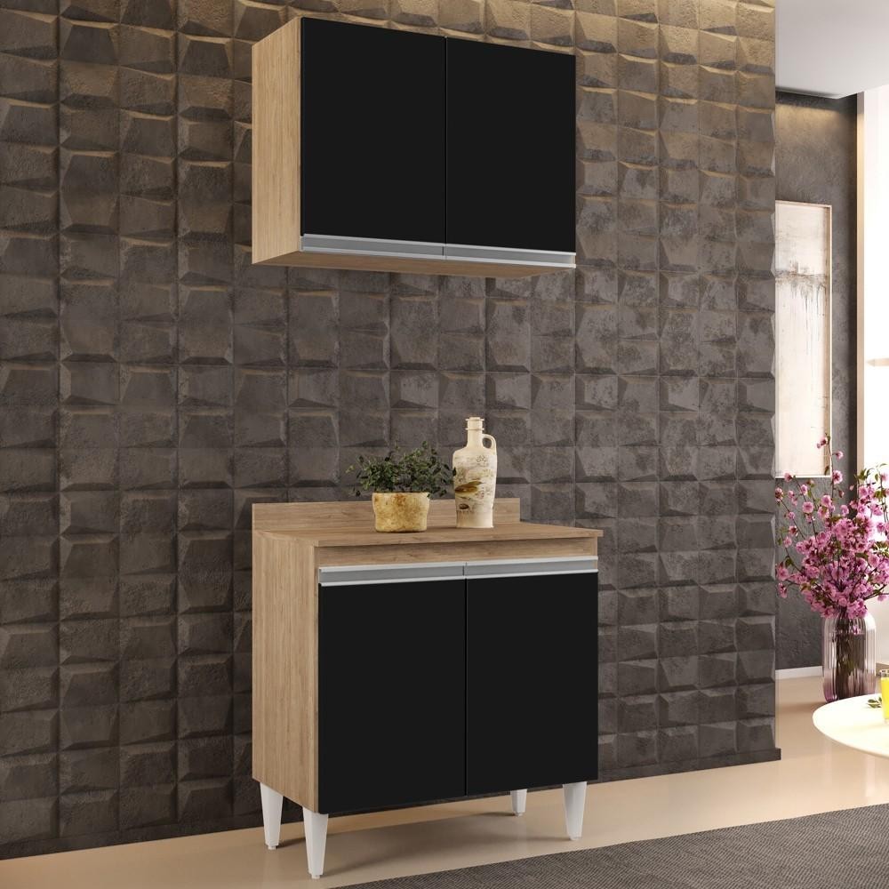 Armário Aéreo Califórnia e Balcão Hawai com Tampo 80cm Castanho/Preto - Lumil em Oferta na Shopee