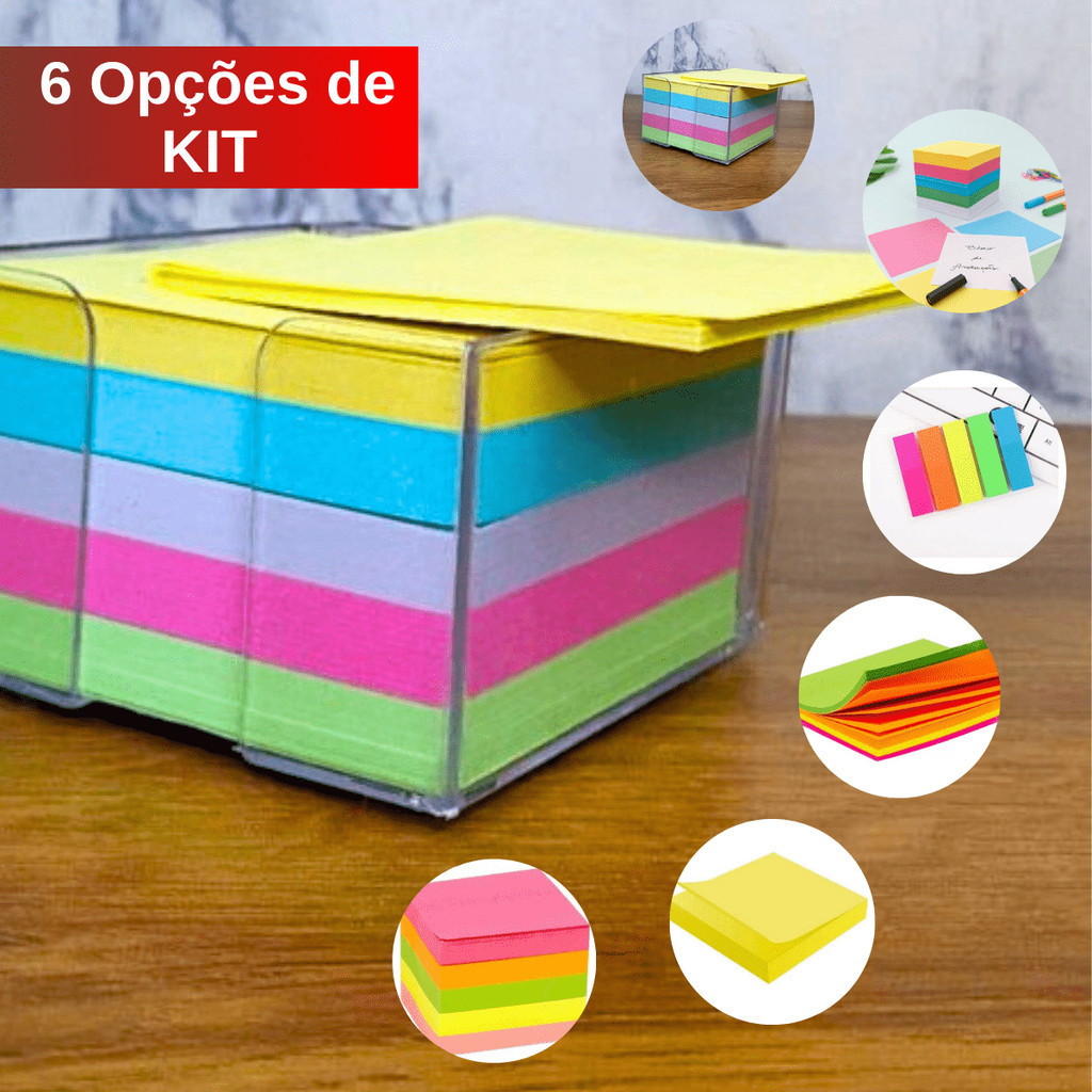 Kit Bloco Anotação Colorido Com Suporte Acrílico Post It Escritório