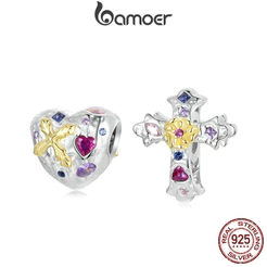 Bamoer 925 Sterling Sliver Charme De Fita Vintage Cross Heart Design Pingente Acessórios Para Pulseira