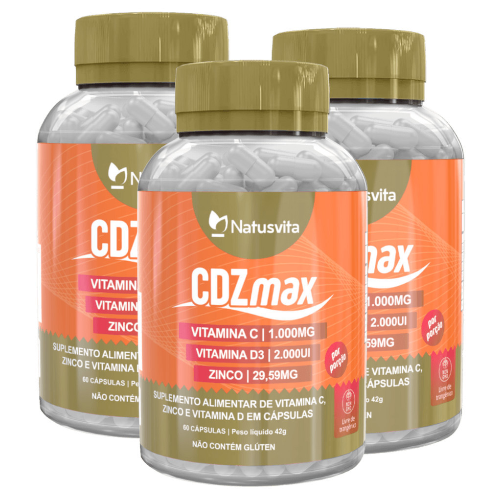 3 Und. Vitamina C 1000mg + Vitamina D 2000ui + Zinco Quelato 29,59mg em Cápsulas