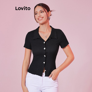 Lovito Casual Camiseta Feminina Lisa com Botão Frontal LBL08285