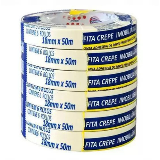 Fita Crepe Imobiliária Uso Geral 18x50 Eurocel Kit 6 Rolos