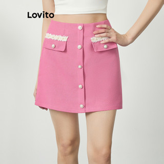 Lovito Saias Elegantes Com Bolso Falso De Metal Com Botão Liso Para Mulheres L77ED244