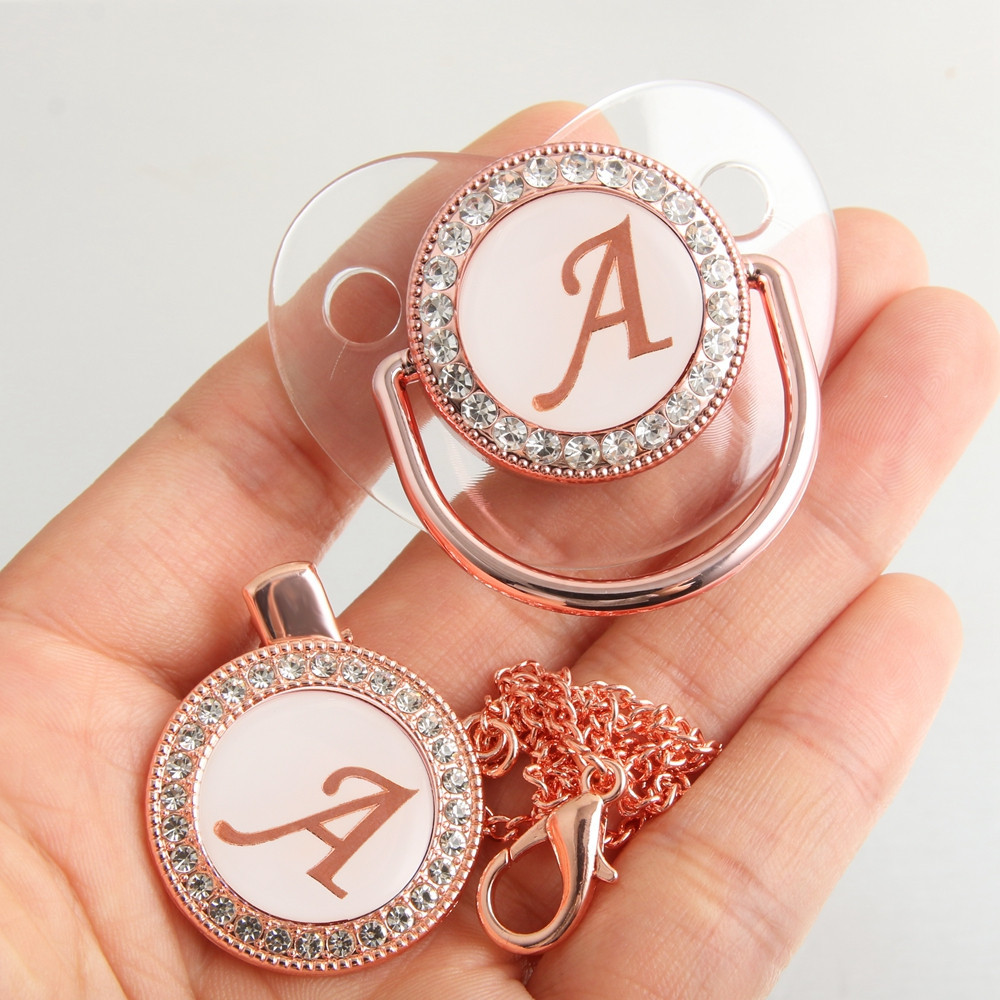 26 Letras Limpar Rose Gold Baby Pacifier Com Clip De Corrente