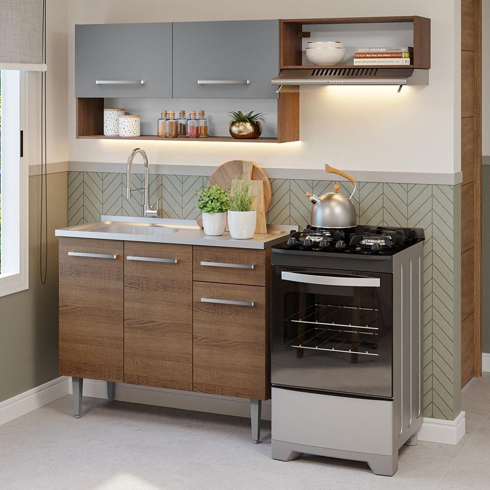 Armário de Cozinha Compacta 165cm com Pia Rustic/Cinza Emilly Madesa 09 em Oferta na Shopee