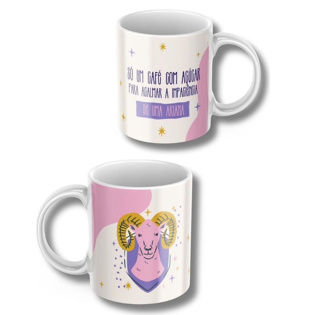 Imagem Caneca Xicara de Café ou Chá de Porcelana Personalizada Signos Aries Divertida Engraçada para Presente Criativo 325ml