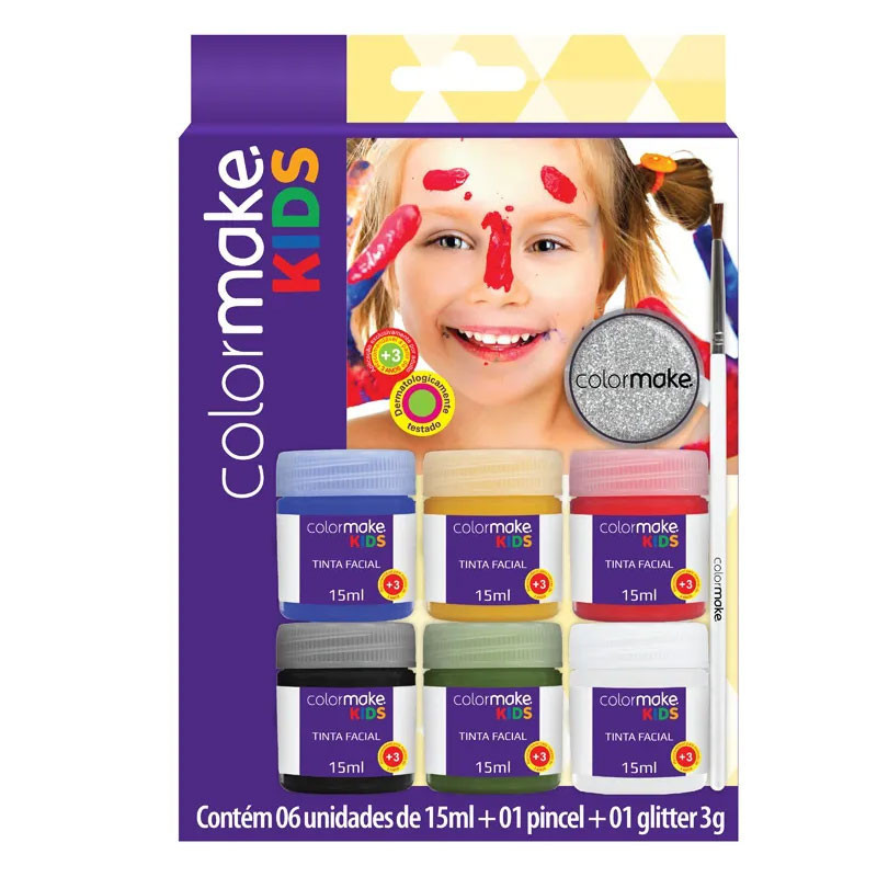 Tinta líquida facial kids 6 cores 1 pincel + 1 glitter 1002 Colormake - Beauty