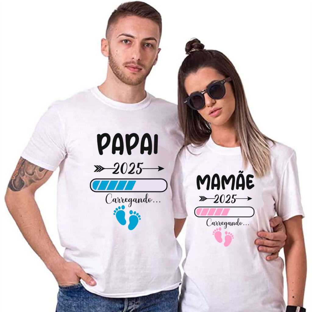 Camisa Casal Papai Mamãe 2025 Kit 2 Blusas BRANCA Esperando Bebê - Grávida Carregando...