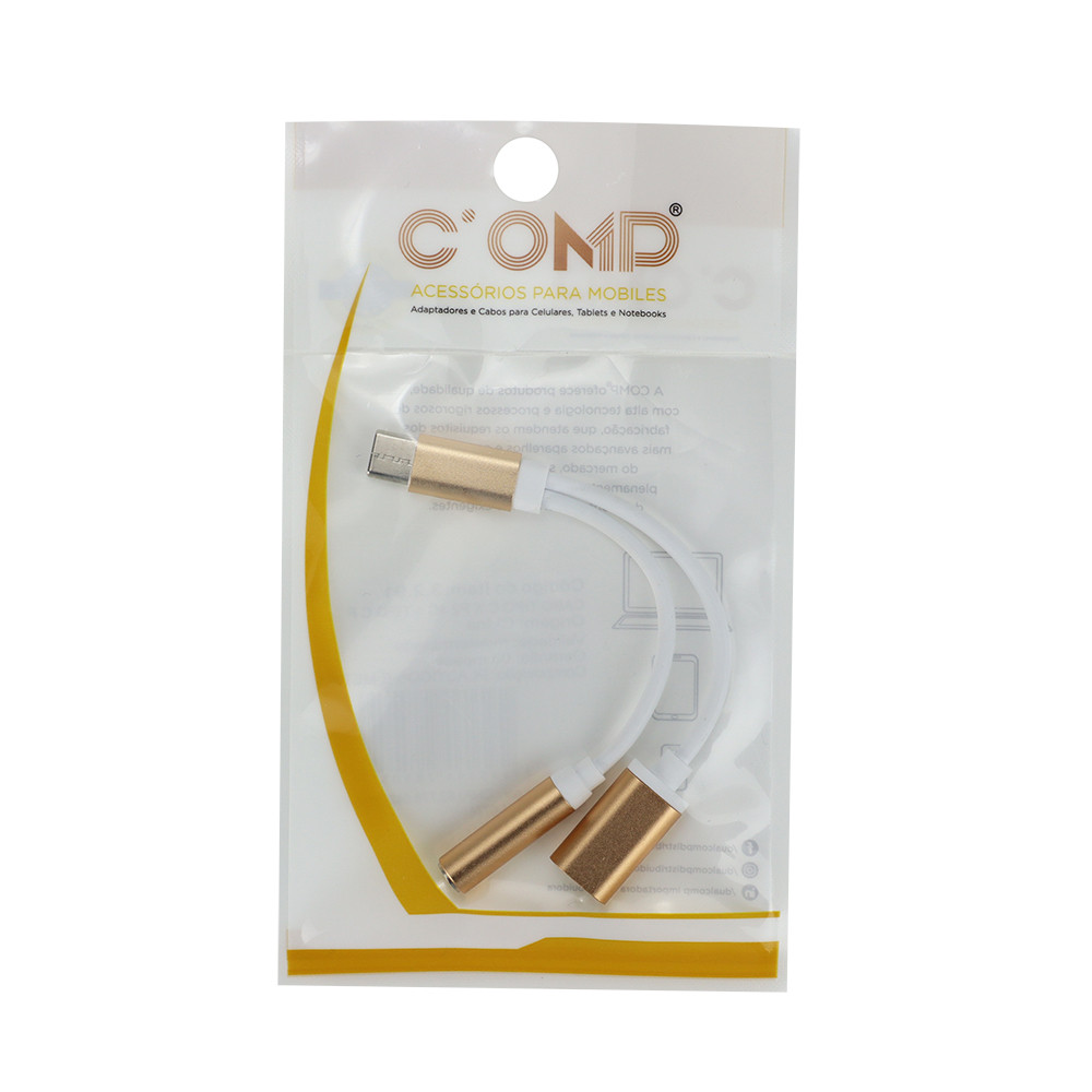 Adaptador Tipo C x P2 Fêmea + Tipo C Fêmea COMP para Áudio e Carregamento Simultâneo