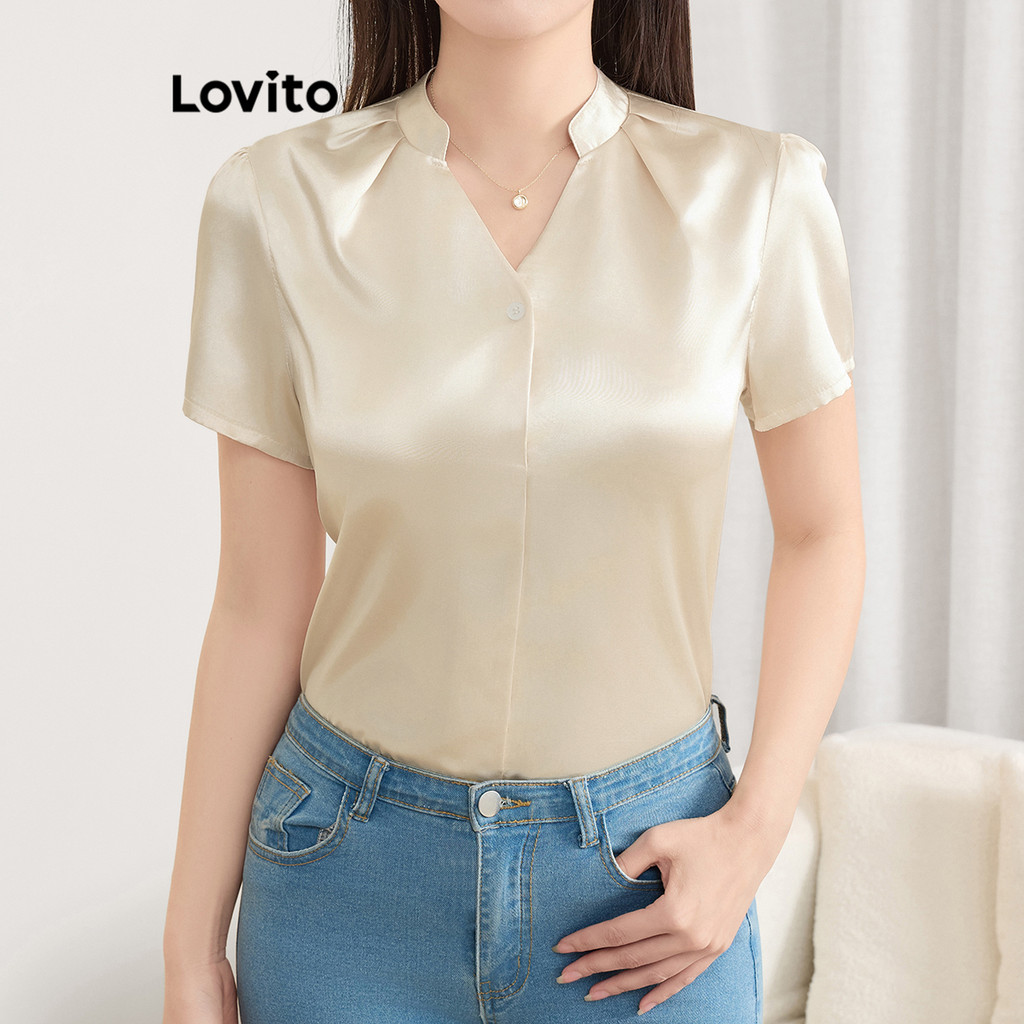 Lovito Blusa Elegante De Verão/primavera Blusa De Verão Plissada Lisa Para Mulheres L121MDD562 em Oferta na Shopee