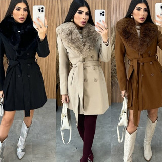 Promoção Sobretudo Lã Batida Premium Forrado Pelo Destacável Bolso Botão Faixa Ajustável Moda Gringa em Oferta na Shopee