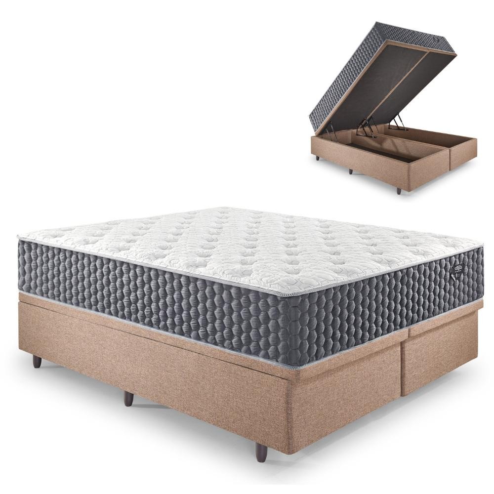 Base Box Baú King 193x203 Linho Marrom e Colchão Relax Fresh