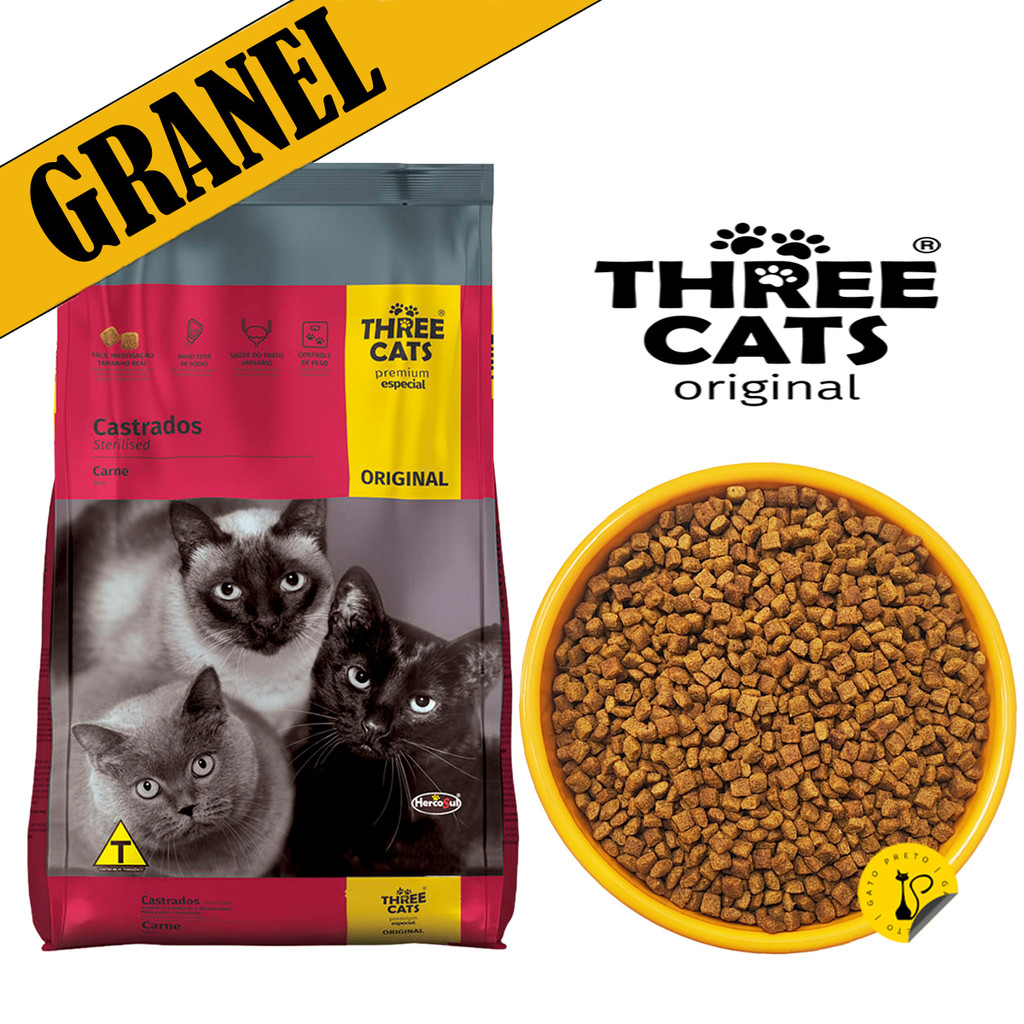 Ração para Gatos a Granel Three Cats Original Castrados Carne Granel 1Kg Ração Premium Especial