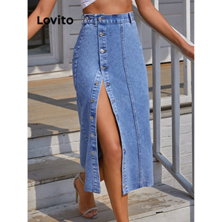 Lovito Casual Saia Jeans Feminina Lisa com Botão e Fenda Frontal LNL39093 (Azul/Preto)