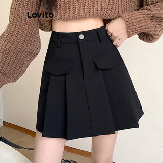 Lovito Casual Saia Feminina Lisa Plissada com Bolso Falso LNE27032 (Preto)