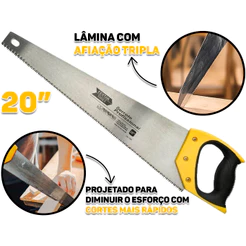 Serrote Profissional Cabo Plástico Emborrachado 20 Polegadas Carpinteiro Obra Multiuso Aço Reforçado