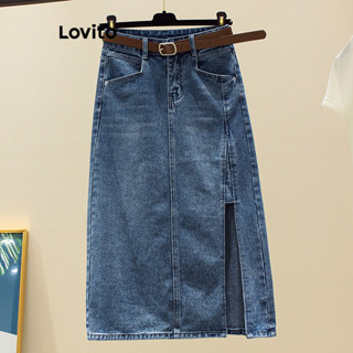 Lovito Casual Saia Jeans Feminina Lisa com Cinto e Fenda Frontal LNA26239 (Azul)