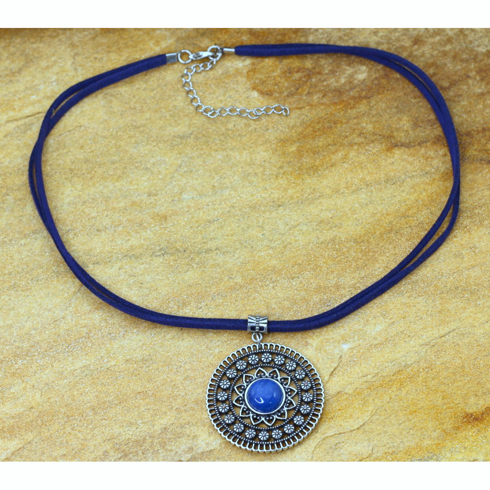 Colar Mandala de Couro com Pedra de Quartzo Azul Bijuterias Femininas