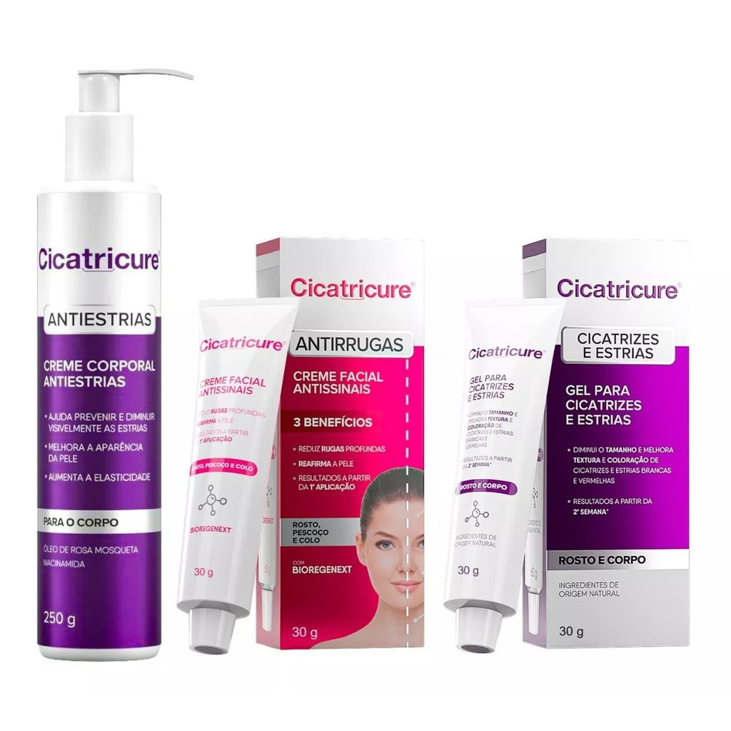 KIT CICATRICURE CREME CORPORAL + GEL 30g + BIO 30g em Oferta na Shopee