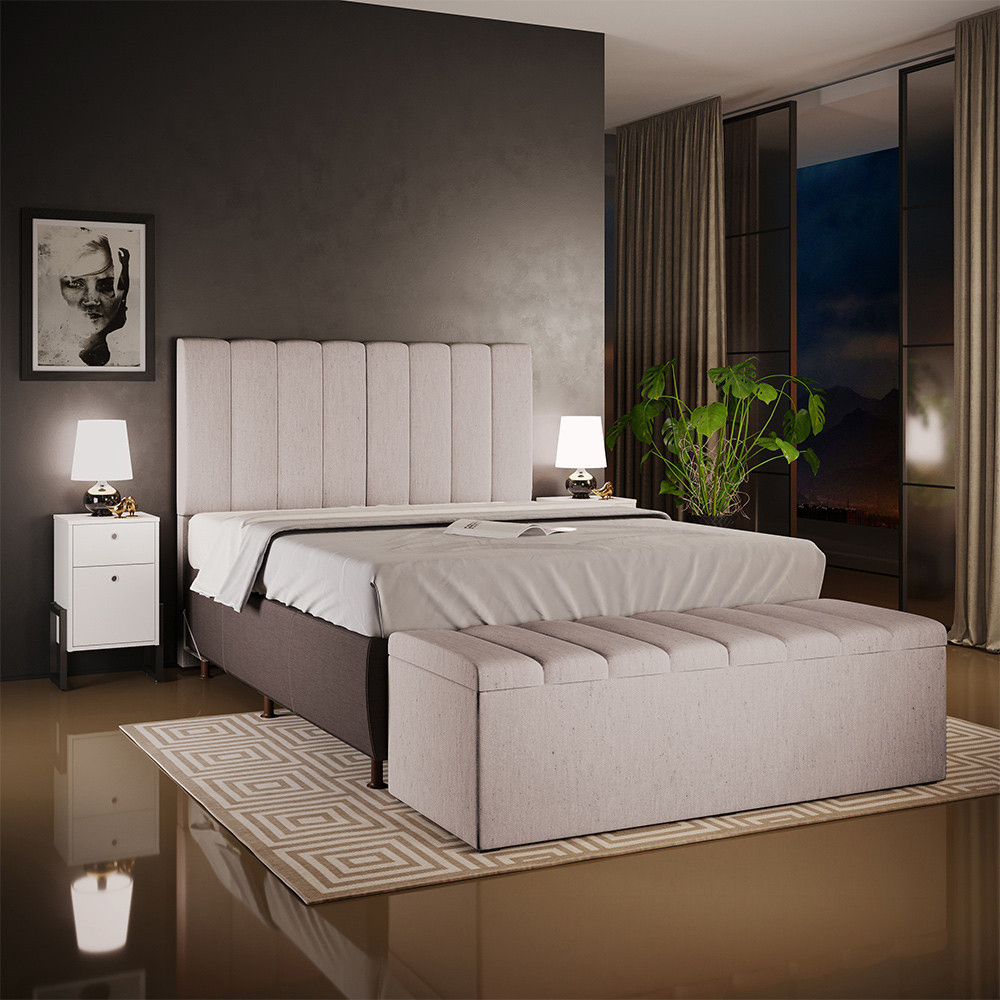 Kit Cabeceira Cama Box Casal King 195cm com Calçadeira Baú Dália W01 Linho Cru - Lyam em Oferta na Shopee