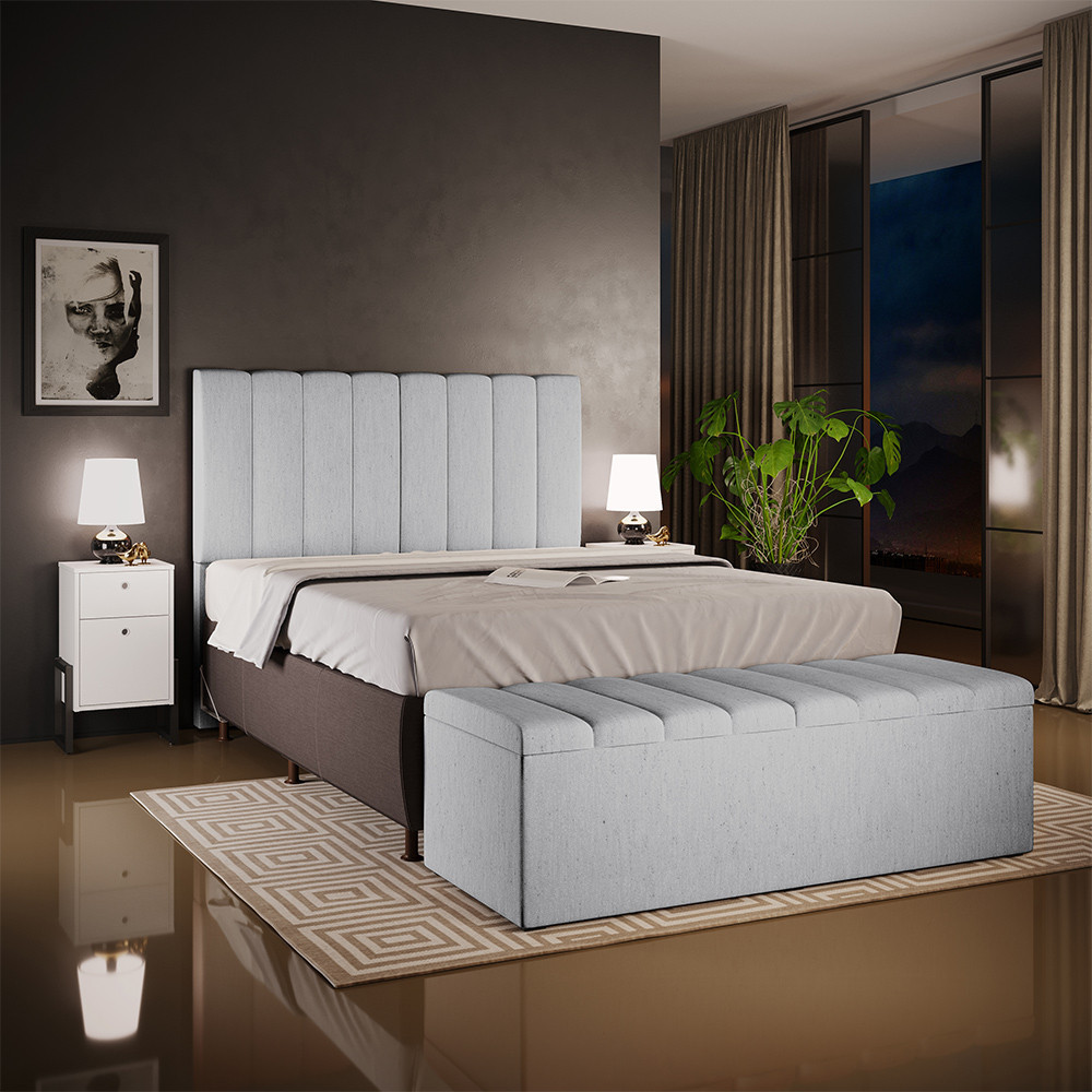 Kit Cabeceira Cama Box Queen 160cm Com Calçadeira Baú Dália W01 Linho Cinza - Lyam Decor em Oferta na Shopee