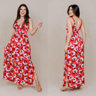 Vestido Longo Viscolinho Decote e Alças Para Amamentação