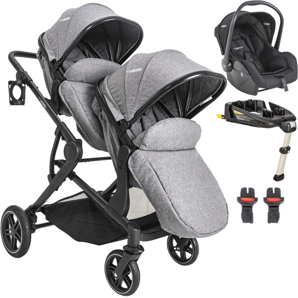 Carrinho de Bebe para Gemeos Kiddo Pair Cinza Bebe Conforto Base ISOFIX