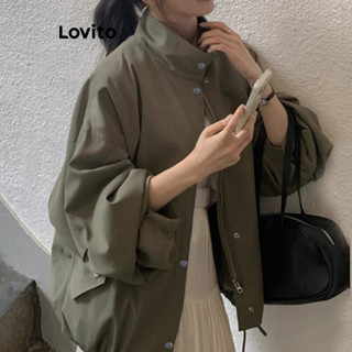 Lovito Casual Jaqueta Feminina Lisa com Botão Frontal LNE30131 (Verde Militar)