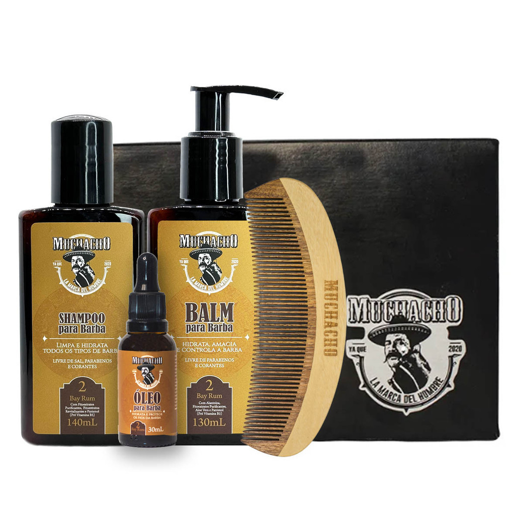 Kit Shampoo, Balm, Óleo e Pente de Madeira para Barba Muchacho Bay Rum