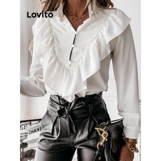 Lovito Blusa casual de alface lisa com botões para mulheres LNL56352