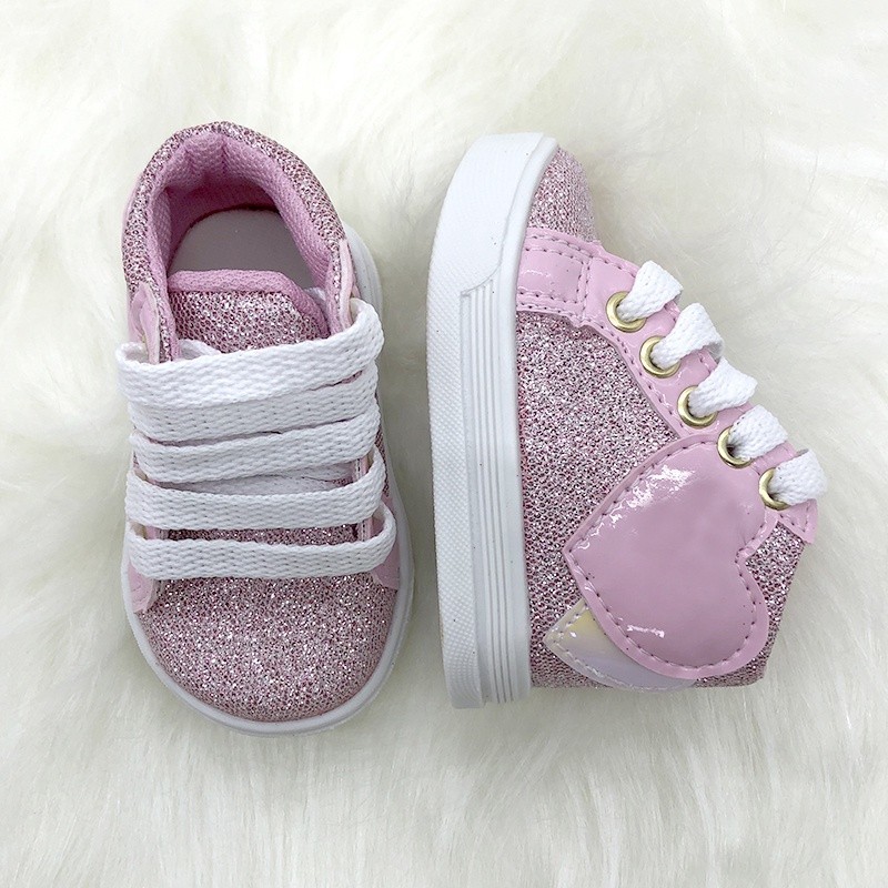 Botinha Tênis Sapatinhos Bebe Calcados Infantil Sandalia Sapato Bota Unissex Menino Menina Bota Coração Glitter Rosa