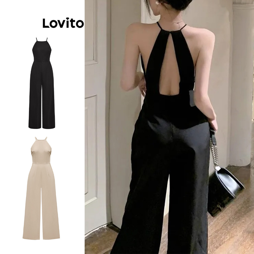 Lovito Macacão Casual Com Amarração Lisa Nas Costas Sem Costas Para Mulheres L74ED351 (Multicolorido) - Women Clothes
