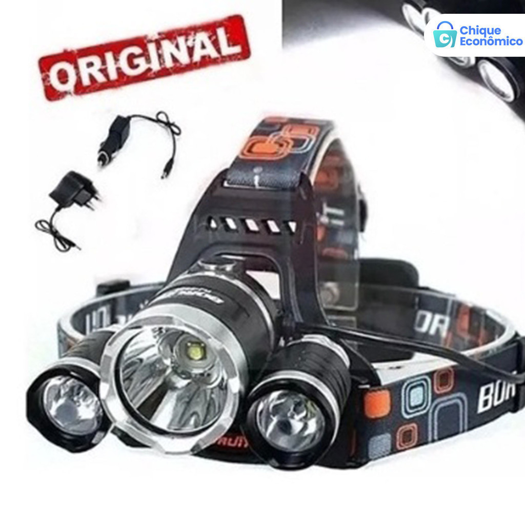 Imagem Lanterna de Cabeça LED T6 3 Modos Impermeável para Trilhas Mergulho e Emergências