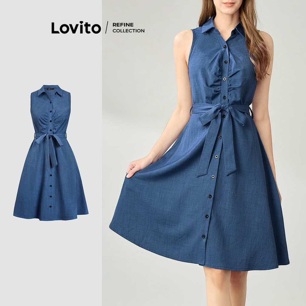 (Lovito Refine) Vestido Casual Com Botão Frontal Verão/Primavera Vestido Com Cinto Para Mulheres LR1LD002 - Women Clothes