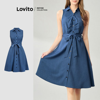 (Lovito Refine) Vestido casual simples com cinto e botões na frente para mulheres LR1LD002 em Oferta na Shopee