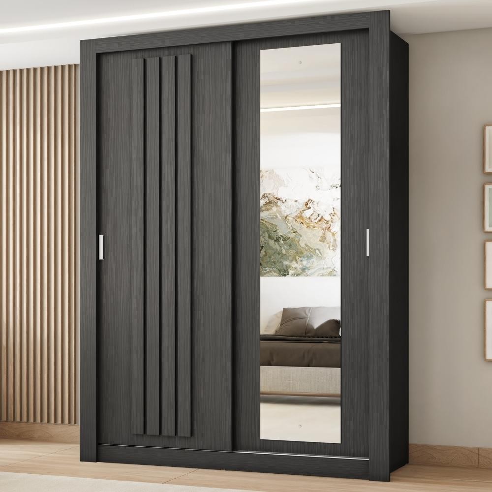 Guarda Roupa Solteiro 2 Portas Darvi Lux Carraro Ripado Preto Touch - Home & Living