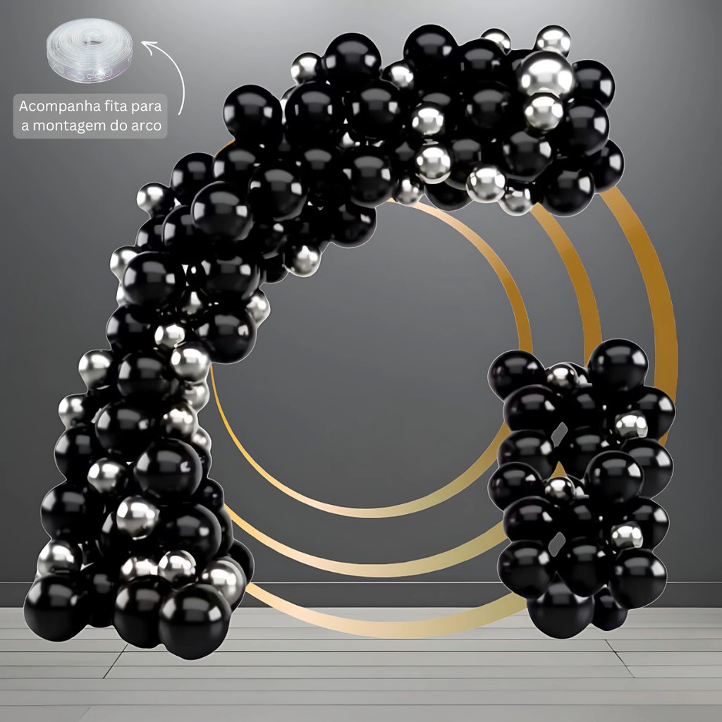 Kit 75 Balões PRETO 7”+ PRATA  Metalizado 5” + FITA - Balão Bexiga Liso/Cromado P/ Festas KIT55+F