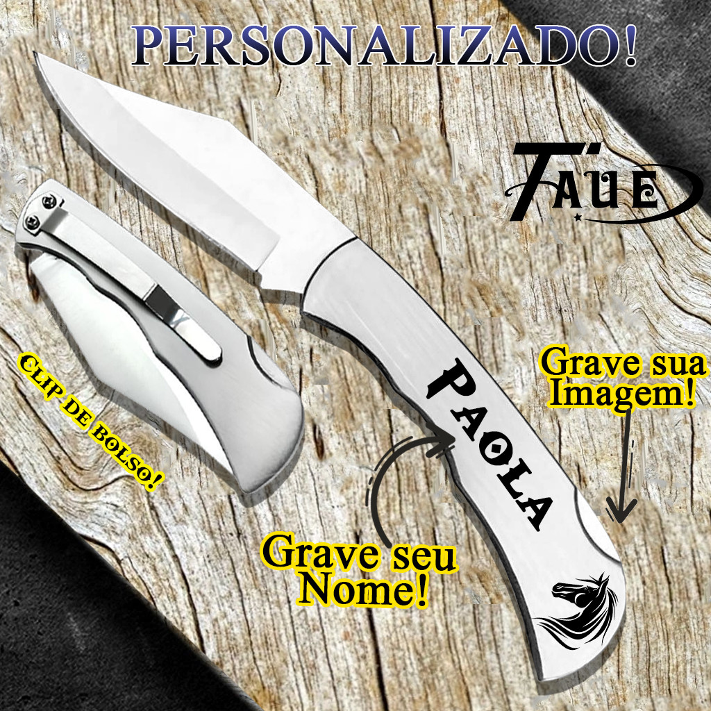 Canivete Personalizado Inox Clip Bolso Presilha Laser Seu Nome Desenho Imagem Agro Envio Imediato