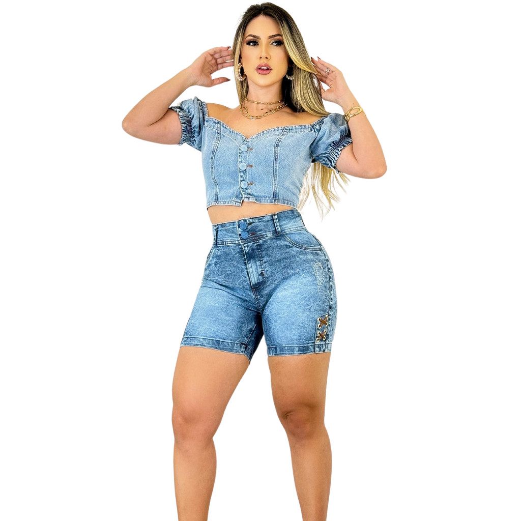 Conjunto Jeans Feminino Cropped e Short Com + Moda Premium Top Blusa Lycra Verão Social Blogueira