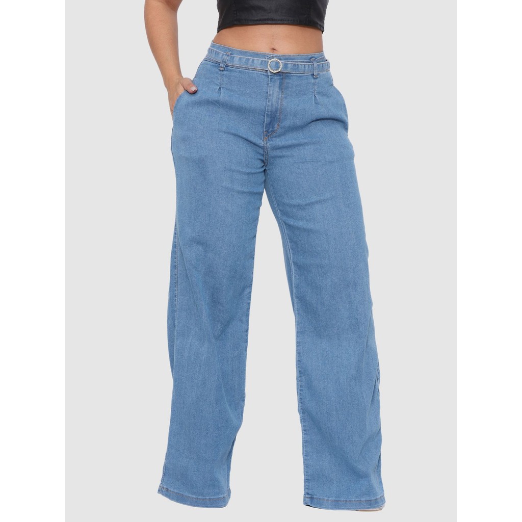 Calça Jeans Pantalona Wide Leg Feminina Cintura Alta Bolso