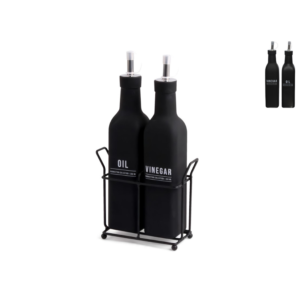 Kit 2 Galheteiros Porta Temperos Azeite Vinagre Garrafas Vidro Com Suporte De Metal Bico Direcionador