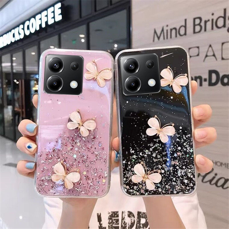 Estojo De Telefone Redmi Nota13 Pro + Plus 13C POCO X6 M6 C65 4G 5G Nota 13 13Pro Nova Cristal Borboleta Transparente Sequências Brilhantes Tampa Do Smartphone
