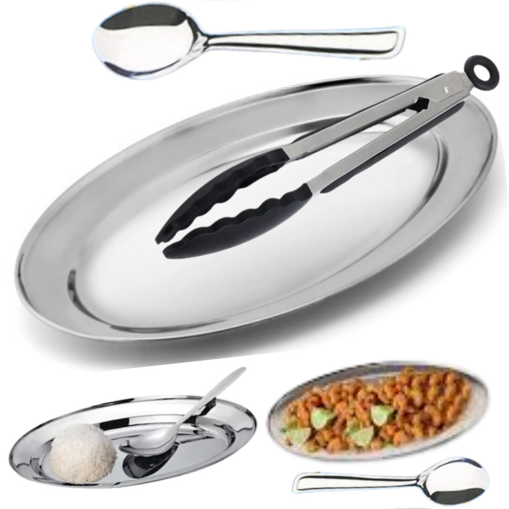 kit Travessa para Arroz e Porções Bandeja colher e pegador Inox da Linha Essencial
