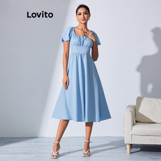 Lovito Elegante Linha De Estrutura Franzida Lisa – Vestido De Mangas Bufantes Para Mulheres LBL08110