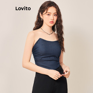 Lovito Casual Blusa Feminina Jeans Lisa Plissada L70AD069 (Azul Escuro)