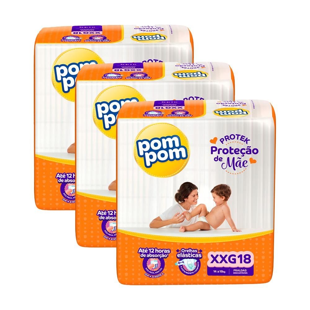 Kit 3 Fraldas Pom Pom Protek Proteção de Mãe Jumbo XXG com 18un cada em Oferta na Shopee
