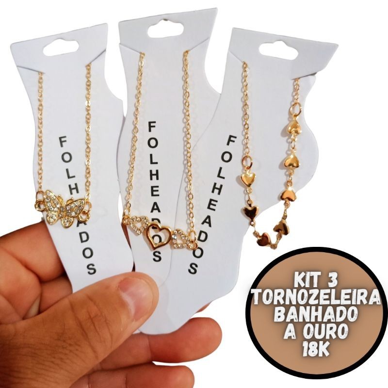 Tornozeleira Feminino Folheado A Ouro 18k Kit Com 3PÇS Com Pingente E Garantia De 1 Ano em Oferta na Shopee