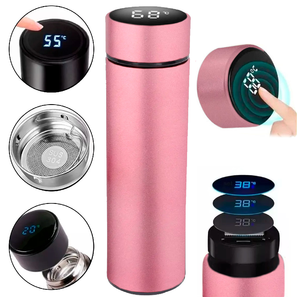 Garrafa Térmica De Aço Inox Temperatura Digital Rosa 500ml - Home & Living