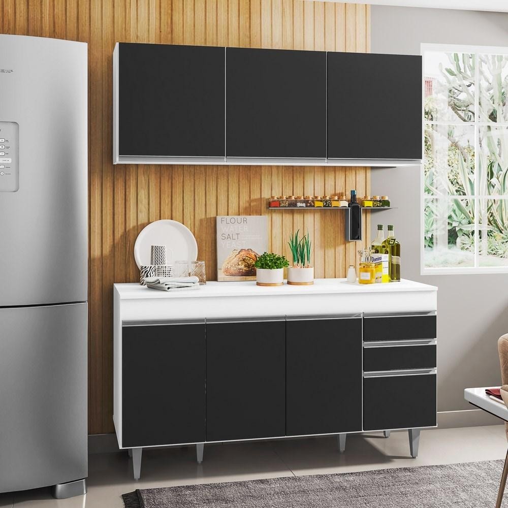 Armário Aéreo Argélia e Balcão Para Pia 150cm com Tampo Marrocos  Branco/Preto - Lumil em Oferta na Shopee